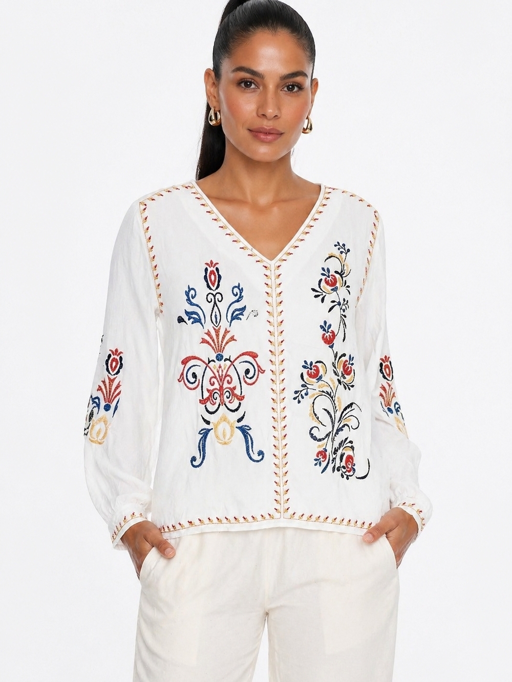 LIV Los Angeles Embroidered Boho Peasant Blouse Size L White Floral Rayon Top.